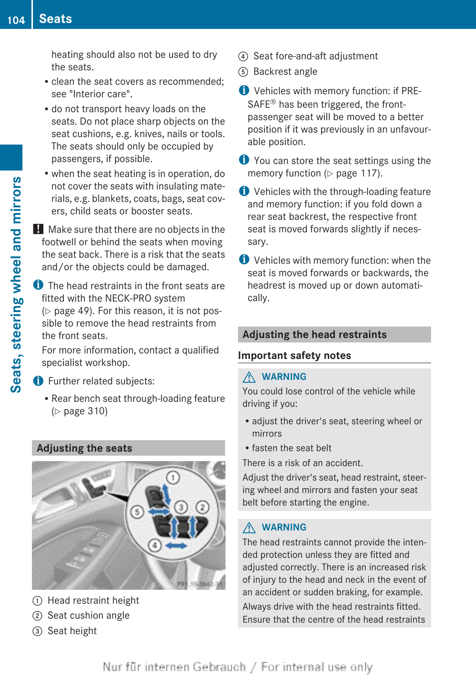 Adjusting the seats, Adjusting the head restraints, Electrical seat adjustment | Seats, steering wheel and mirrors, Seats | Mercedes-Benz 2013 GLS Class User Manual | Page 106 / 424