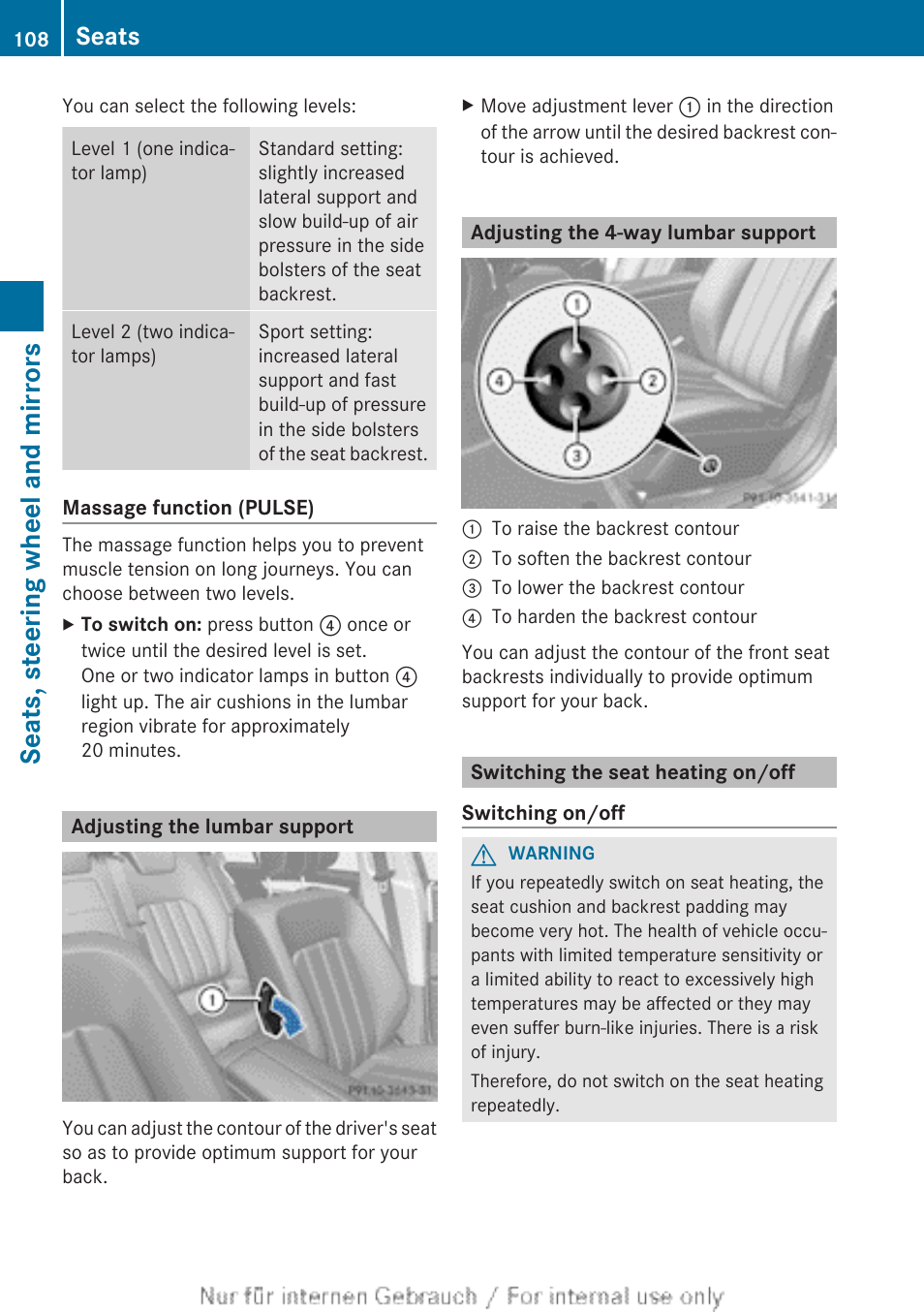 Adjusting the lumbar support, Adjusting the 4-way lumbar support, Switching the seat heating on/off | Seats, steering wheel and mirrors, Seats | Mercedes-Benz 2013 GLS Class User Manual | Page 110 / 424