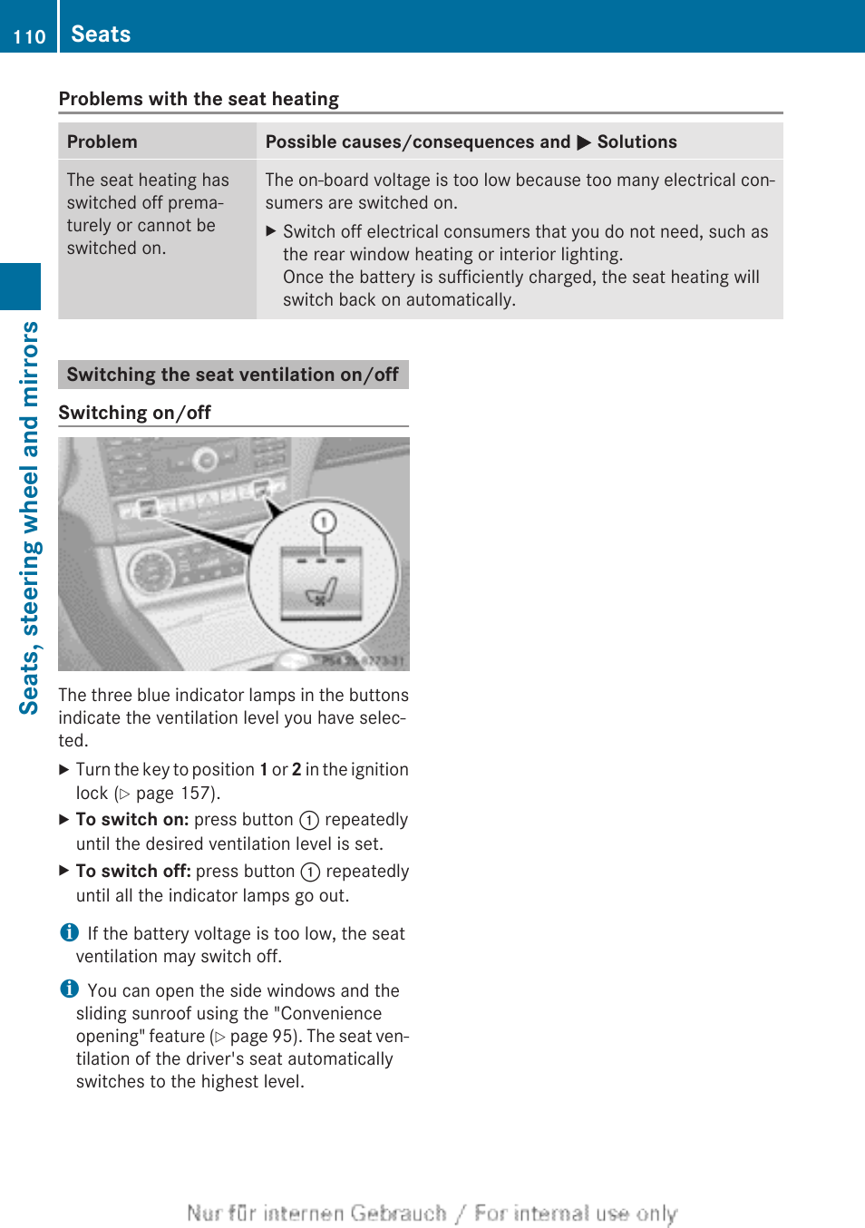 Switching the seat ventilation on/off, Seats, steering wheel and mirrors, Seats | Mercedes-Benz 2013 GLS Class User Manual | Page 112 / 424