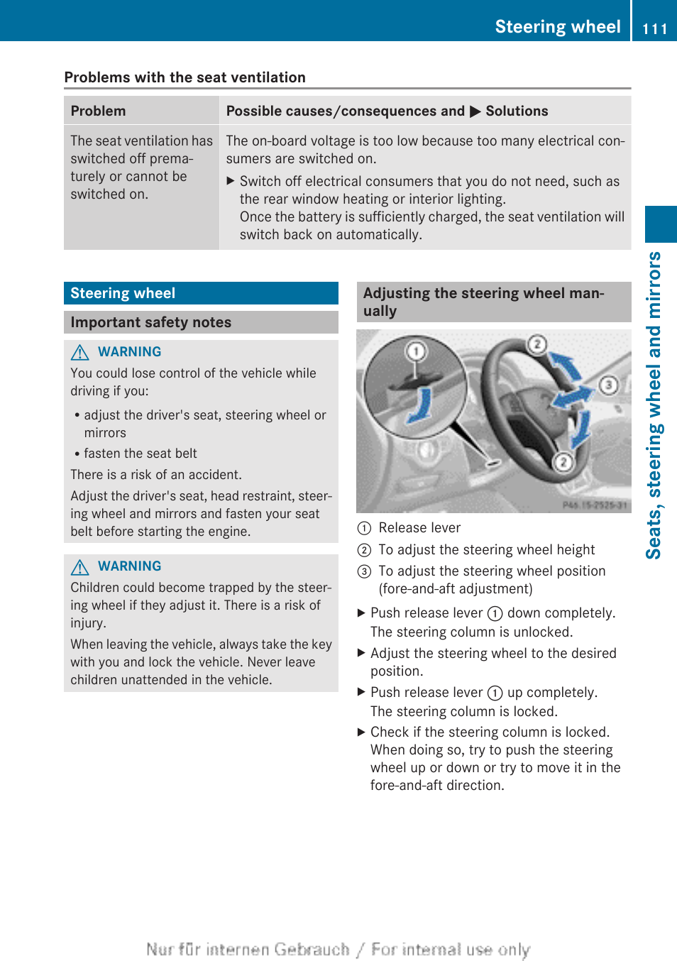 Steering wheel, Important safety notes, Adjusting the steering wheel manually | Wheel adjustment, Seats, steering wheel and mirrors | Mercedes-Benz 2013 GLS Class User Manual | Page 113 / 424