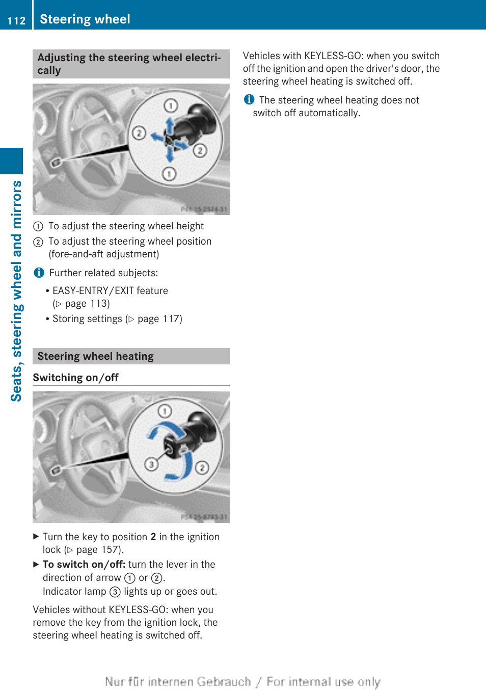 Adjusting the steering wheel electrically, Steering wheel heating, Seats, steering wheel and mirrors | Steering wheel | Mercedes-Benz 2013 GLS Class User Manual | Page 114 / 424