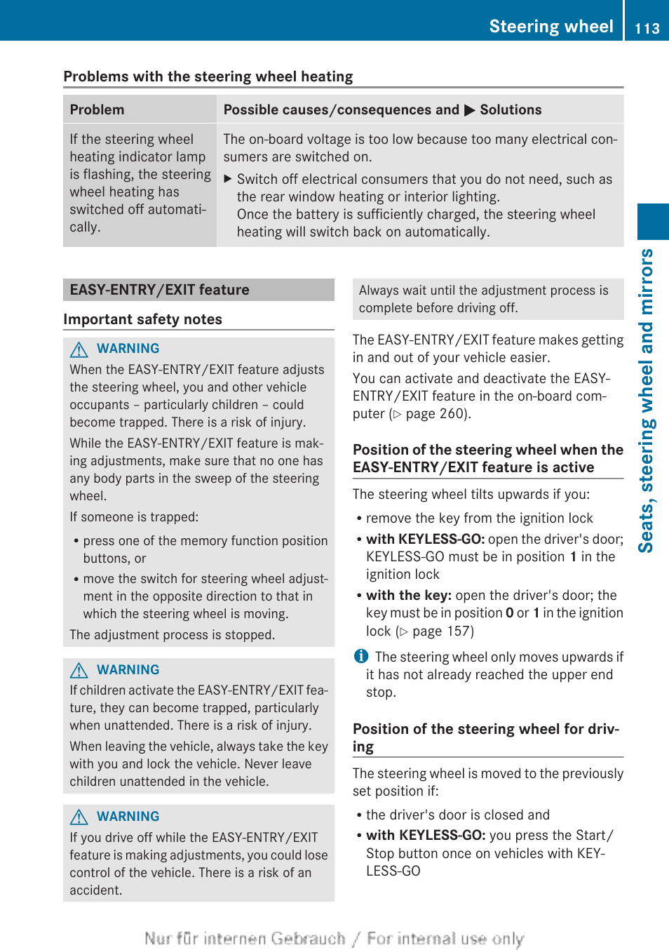 Easy-entry/exit feature, Seats, steering wheel and mirrors, Steering wheel | Mercedes-Benz 2013 GLS Class User Manual | Page 115 / 424