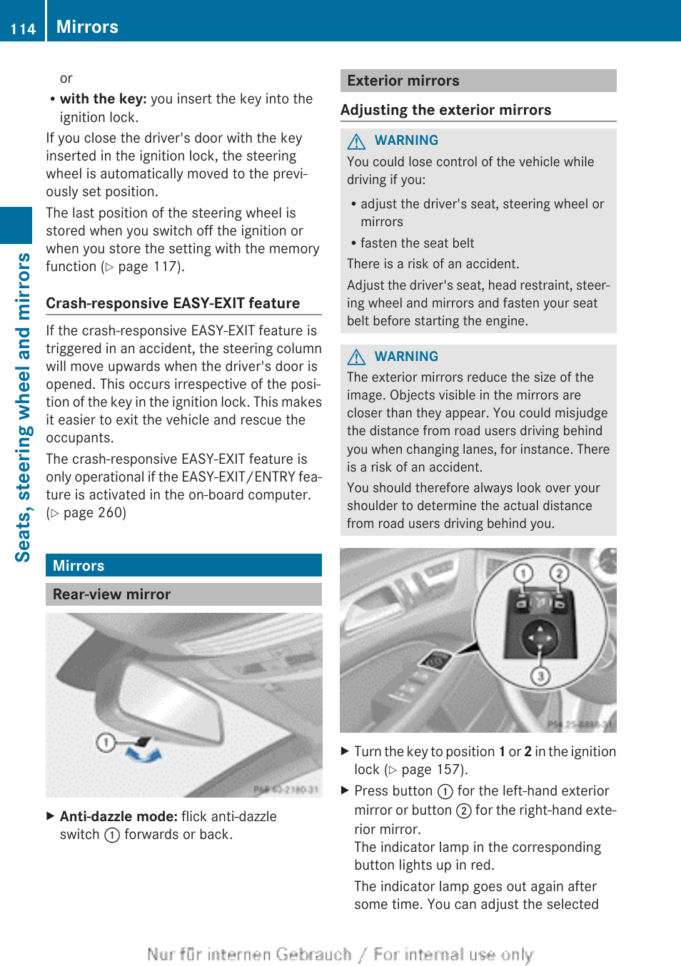 Mirrors, Rear-view mirror, Exterior mirrors | Tions, Seats, steering wheel and mirrors | Mercedes-Benz 2013 GLS Class User Manual | Page 116 / 424