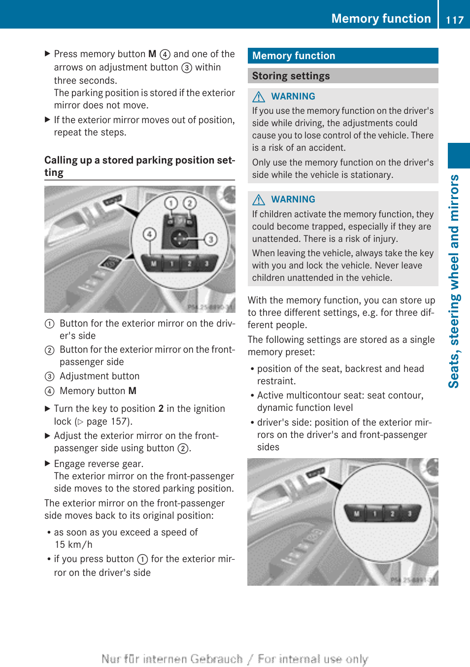 Memory function, Storing settings, Function | Seats, steering wheel and mirrors | Mercedes-Benz 2013 GLS Class User Manual | Page 119 / 424