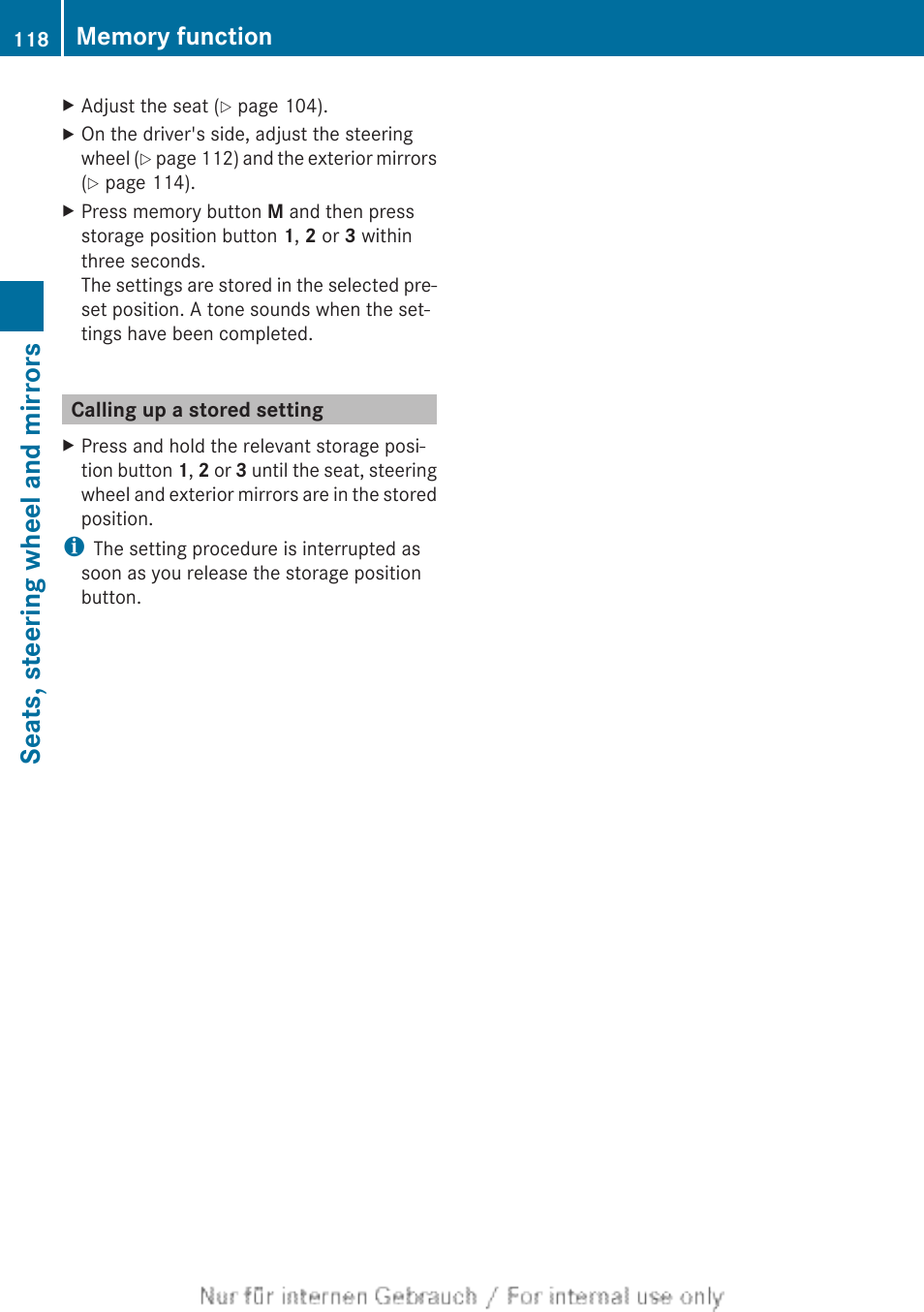 Calling up a stored setting, Seats, steering wheel and mirrors | Mercedes-Benz 2013 GLS Class User Manual | Page 120 / 424