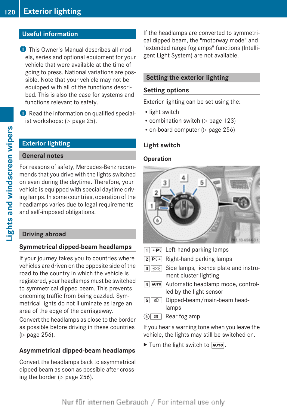 Lights and windscreen wipers, Useful information, Exterior lighting | General notes, Driving abroad, Setting the exterior lighting, Useful information exterior lighting | Mercedes-Benz 2013 GLS Class User Manual | Page 122 / 424