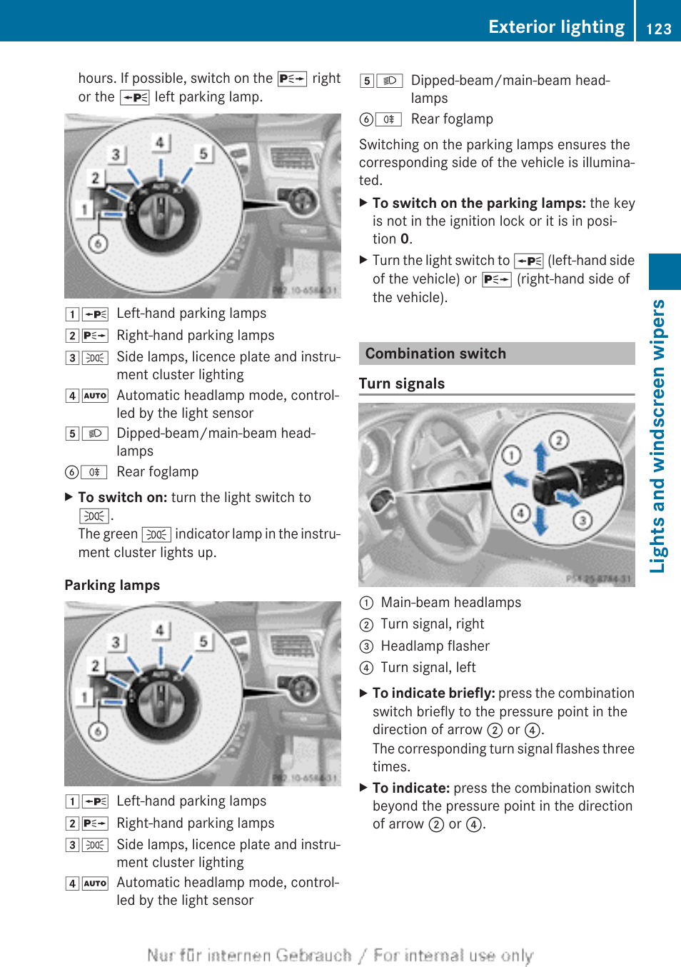 Combination switch, Lights and windscreen wipers, Exterior lighting | Mercedes-Benz 2013 GLS Class User Manual | Page 125 / 424