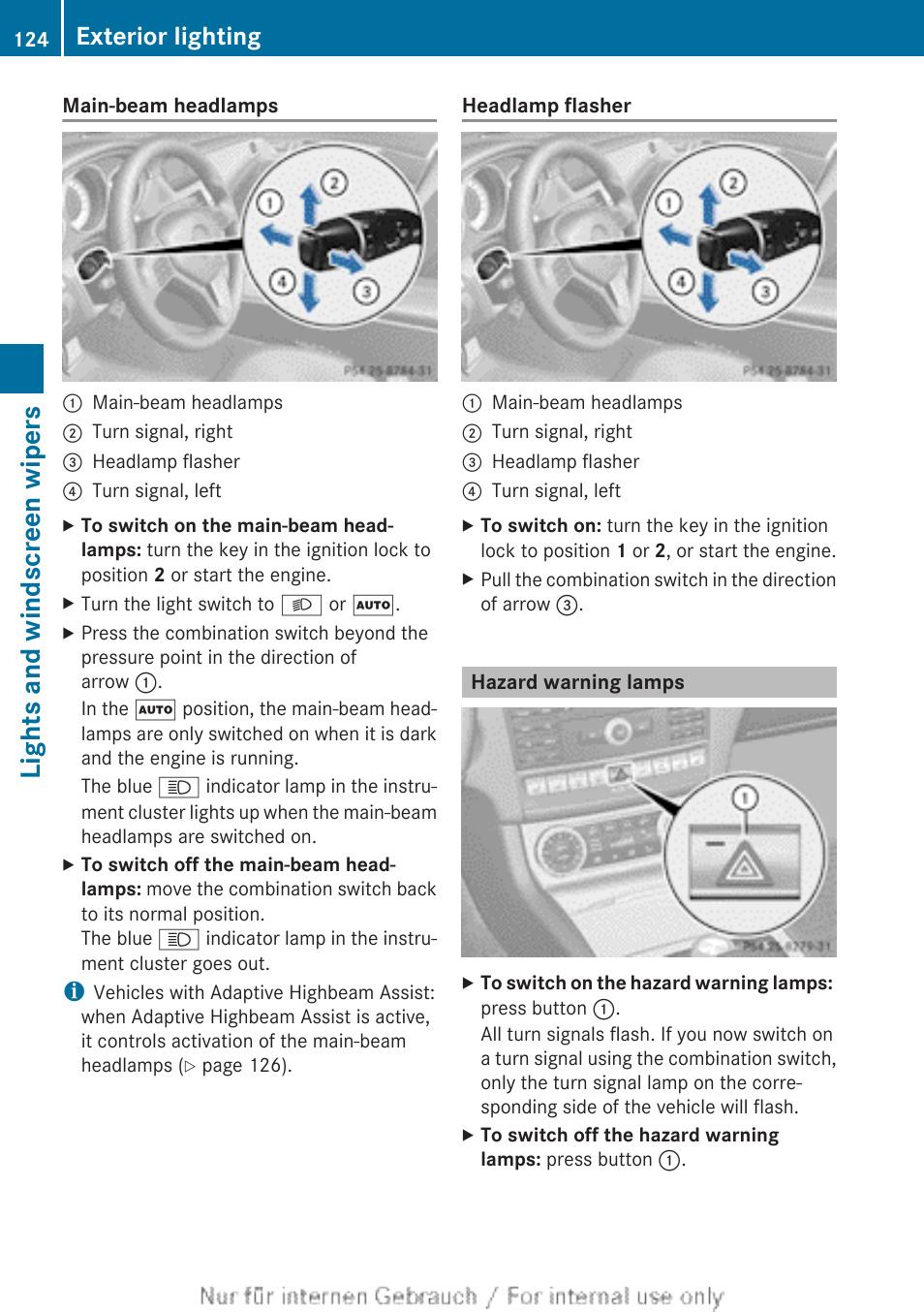 Hazard warning lamps, Warning button, Lights and windscreen wipers | Exterior lighting | Mercedes-Benz 2013 GLS Class User Manual | Page 126 / 424