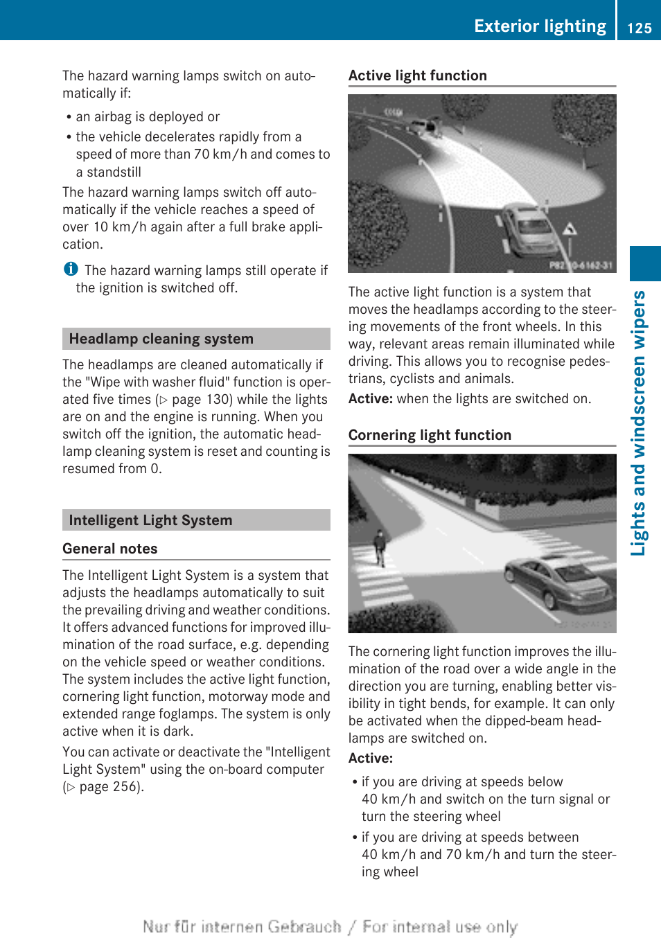 Headlamp cleaning system, Intelligent light system, Lights and windscreen wipers | Exterior lighting | Mercedes-Benz 2013 GLS Class User Manual | Page 127 / 424