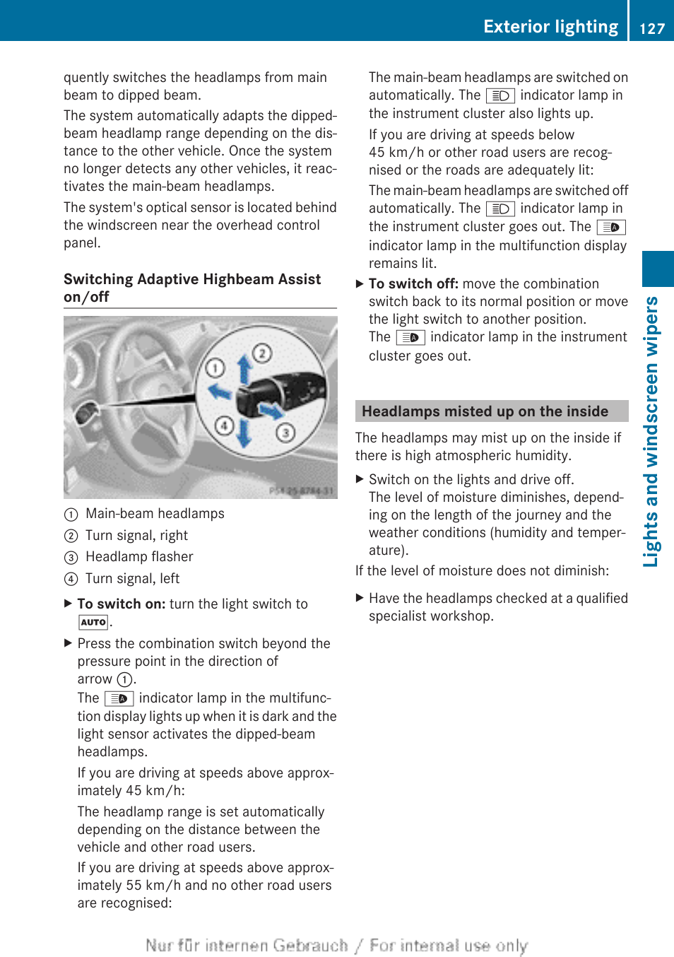 Headlamps misted up on the inside, Lights and windscreen wipers, Exterior lighting | Mercedes-Benz 2013 GLS Class User Manual | Page 129 / 424