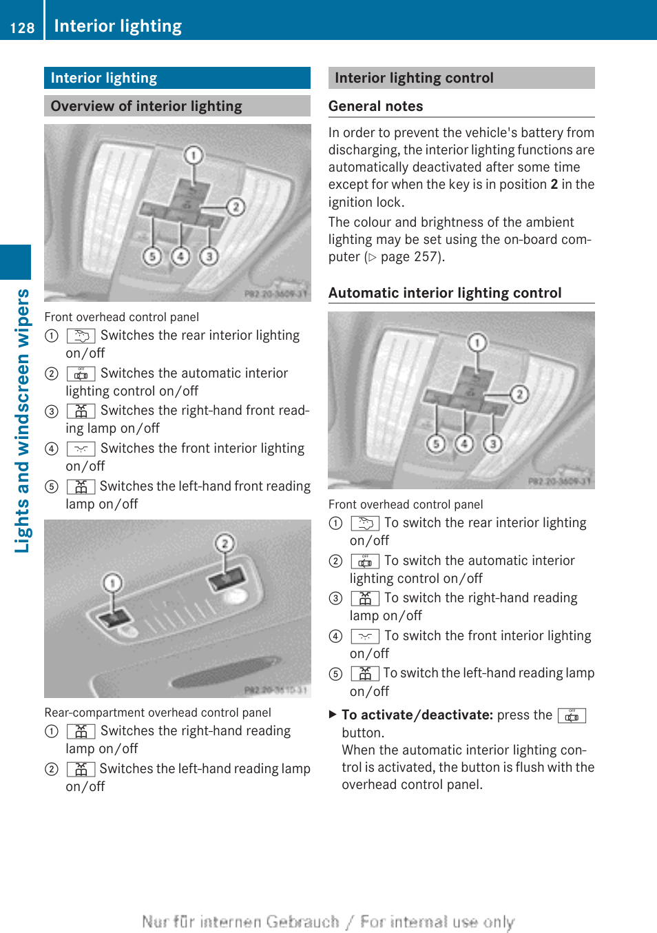 Interior lighting, Overview of interior lighting, Interior lighting control | Lights and windscreen wipers | Mercedes-Benz 2013 GLS Class User Manual | Page 130 / 424