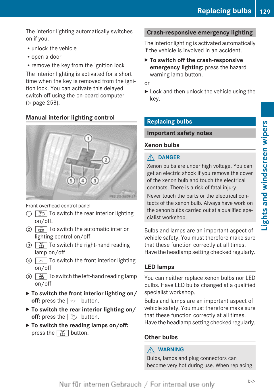 Crash-responsive emergency lighting, Replacing bulbs, Important safety notes | Lights and windscreen wipers | Mercedes-Benz 2013 GLS Class User Manual | Page 131 / 424