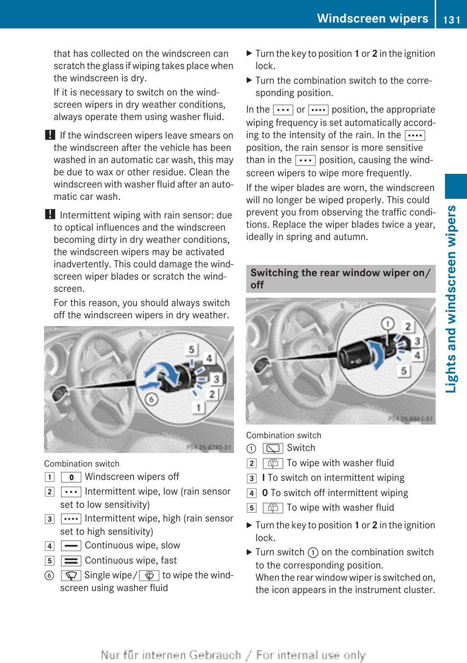 Switching the rear window wiper on/off, Lights and windscreen wipers, Windscreen wipers | Mercedes-Benz 2013 GLS Class User Manual | Page 133 / 424