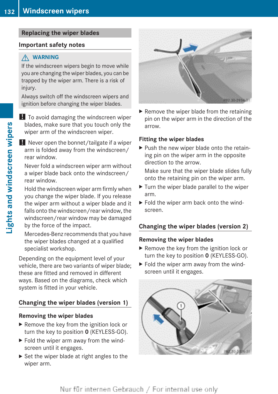 Replacing the wiper blades, Lights and windscreen wipers, Windscreen wipers | Mercedes-Benz 2013 GLS Class User Manual | Page 134 / 424