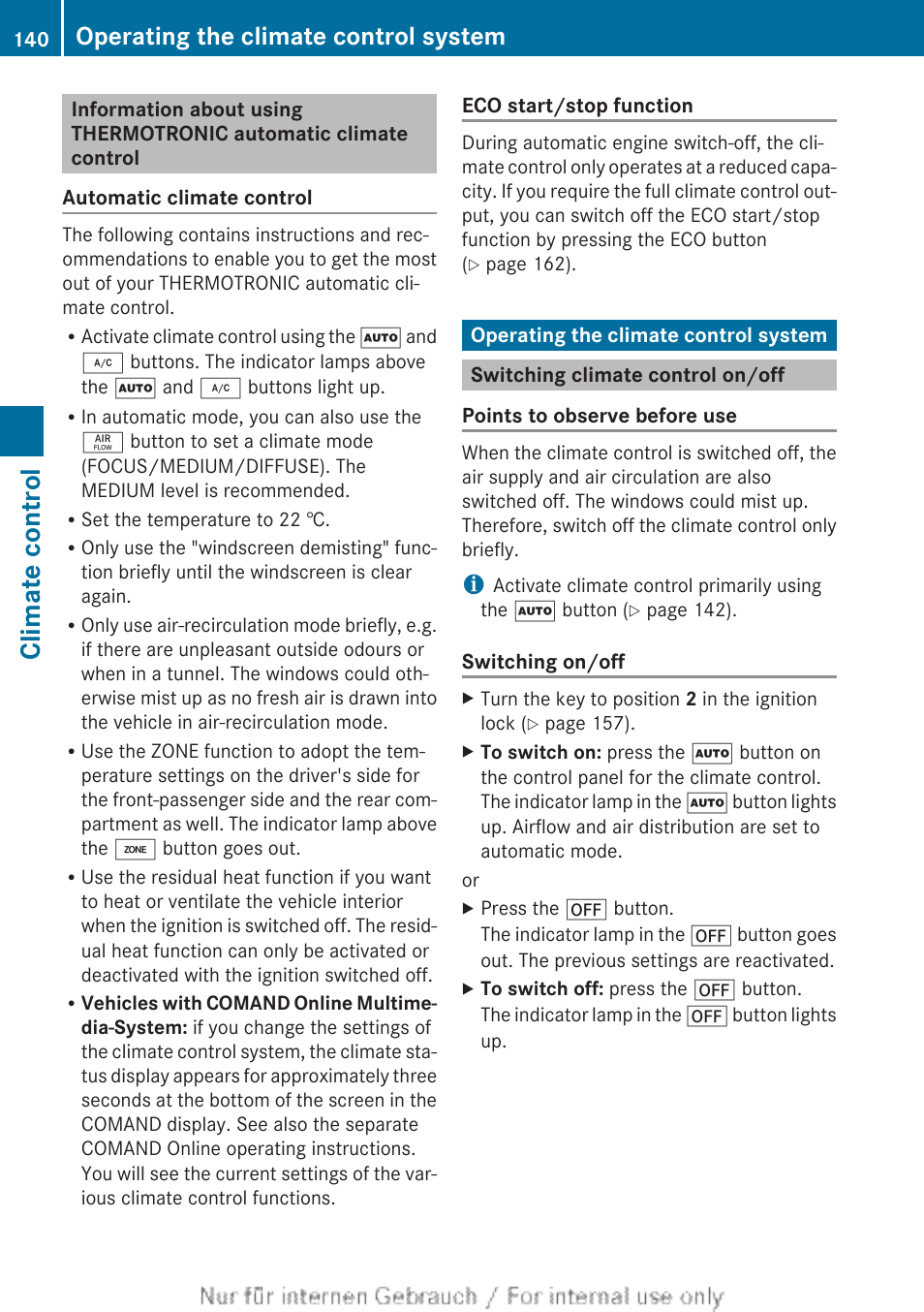 Operating the climate control system, Switching climate control on/off, Operating the climate control sys | Climate control | Mercedes-Benz 2013 GLS Class User Manual | Page 142 / 424