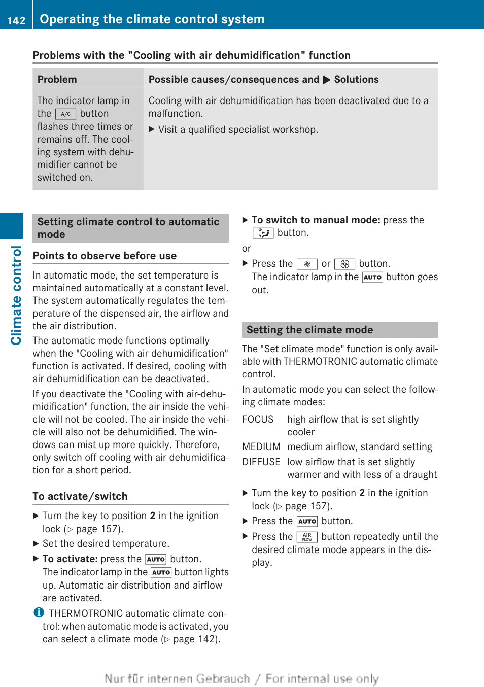 Setting climate control to automatic mode, Setting the climate mode, To set climate control to automatic mode | To set the climate mode, Button, Climate control, Operating the climate control system | Mercedes-Benz 2013 GLS Class User Manual | Page 144 / 424