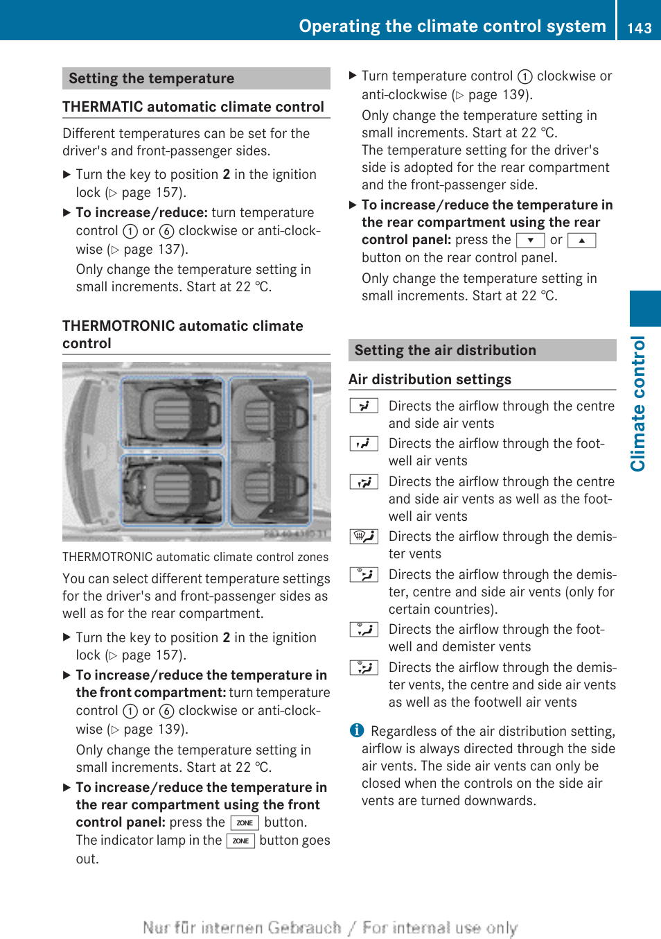 Setting the temperature, Setting the air distribution, To set the temperature, left | To set the temperature, right, To set the air distribution, To reduce the temperature, To increase the temperature, Climate control, Operating the climate control system | Mercedes-Benz 2013 GLS Class User Manual | Page 145 / 424