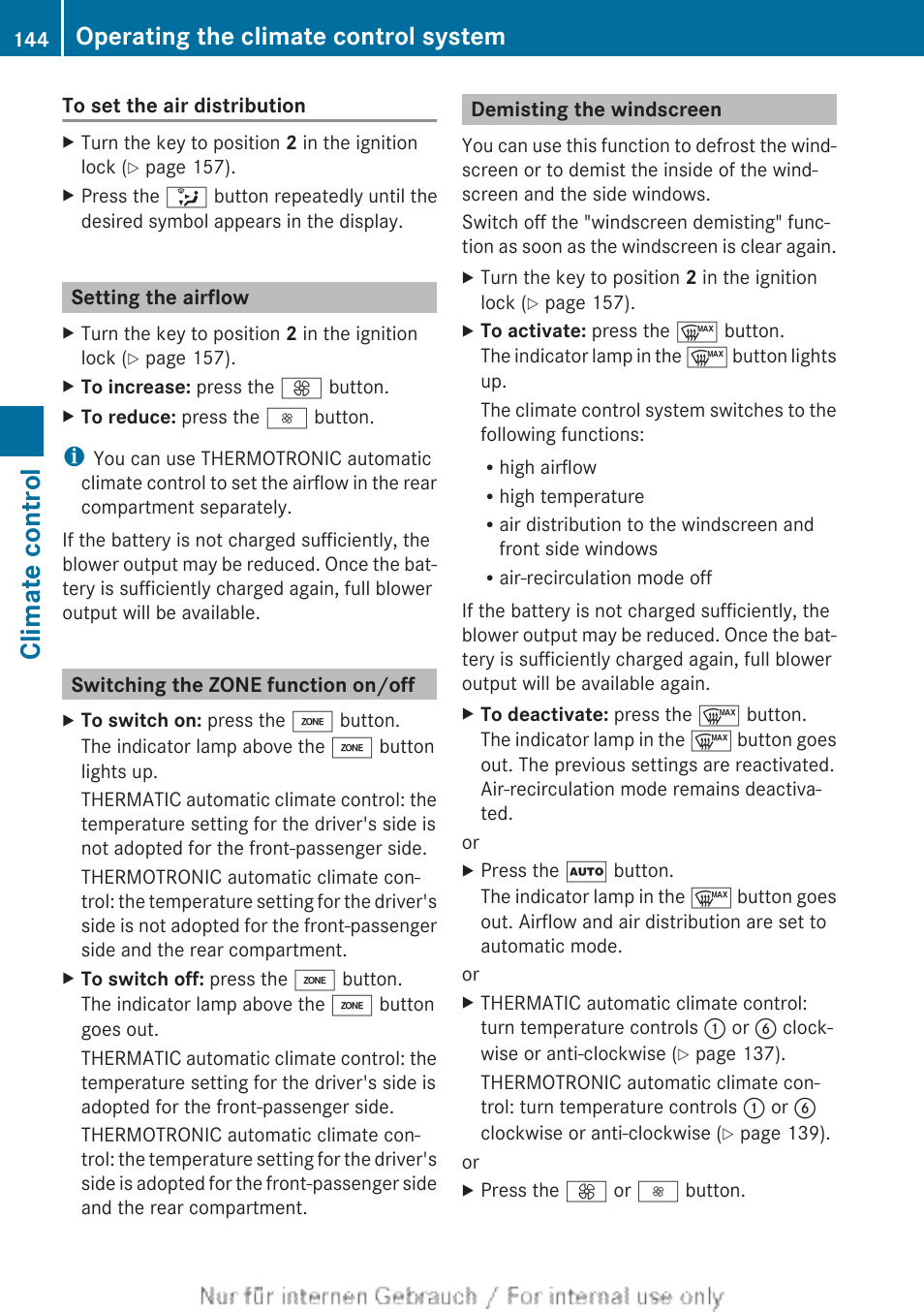 Setting the airflow, Switching the zone function on/off, Demisting the windscreen | To demist the windscreen, To increase the airflow, To reduce the airflow, Climate control, Operating the climate control system | Mercedes-Benz 2013 GLS Class User Manual | Page 146 / 424
