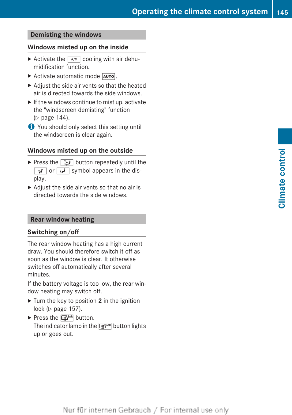 Demisting the windows, Rear window heating, To switch the rear window heating on/off | Climate control, Operating the climate control system | Mercedes-Benz 2013 GLS Class User Manual | Page 147 / 424