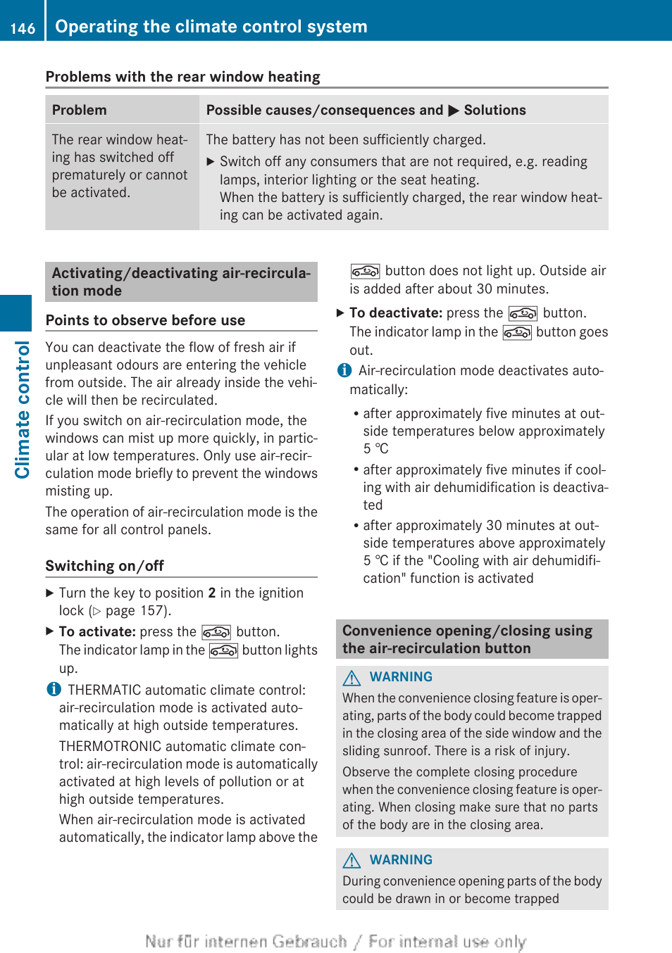 Activating/deactivating air-recirculation mode, To activate/deactivate air-recirculation mode, Climate control | Operating the climate control system | Mercedes-Benz 2013 GLS Class User Manual | Page 148 / 424