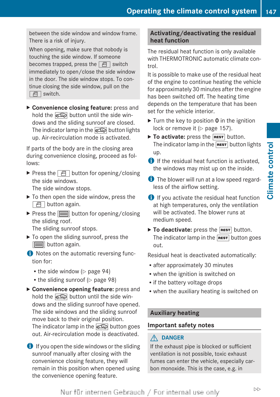 Activating/deactivating the residual heat function, Auxiliary heating, Switched off | To activate/deactivate the residual heat function, Climate control, Operating the climate control system | Mercedes-Benz 2013 GLS Class User Manual | Page 149 / 424