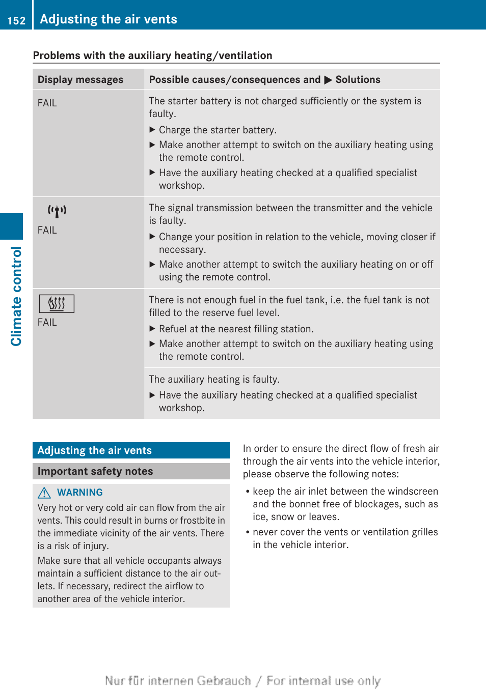 Adjusting the air vents, Important safety notes, Climate control | Mercedes-Benz 2013 GLS Class User Manual | Page 154 / 424