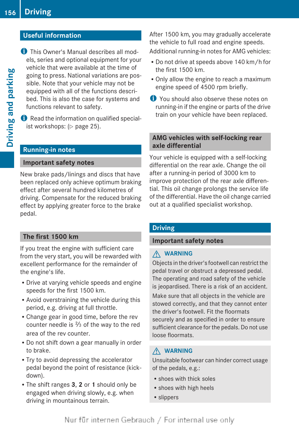 Driving and parking, Useful information, Running-in notes | Important safety notes, The first1500 km, Driving, Useful information running-in notes driving | Mercedes-Benz 2013 GLS Class User Manual | Page 158 / 424