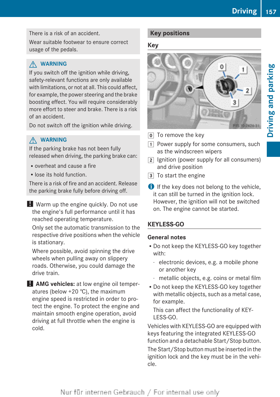 Key positions, Lock, In the ignition lock | Lock or remove it, Driving and parking, Driving | Mercedes-Benz 2013 GLS Class User Manual | Page 159 / 424