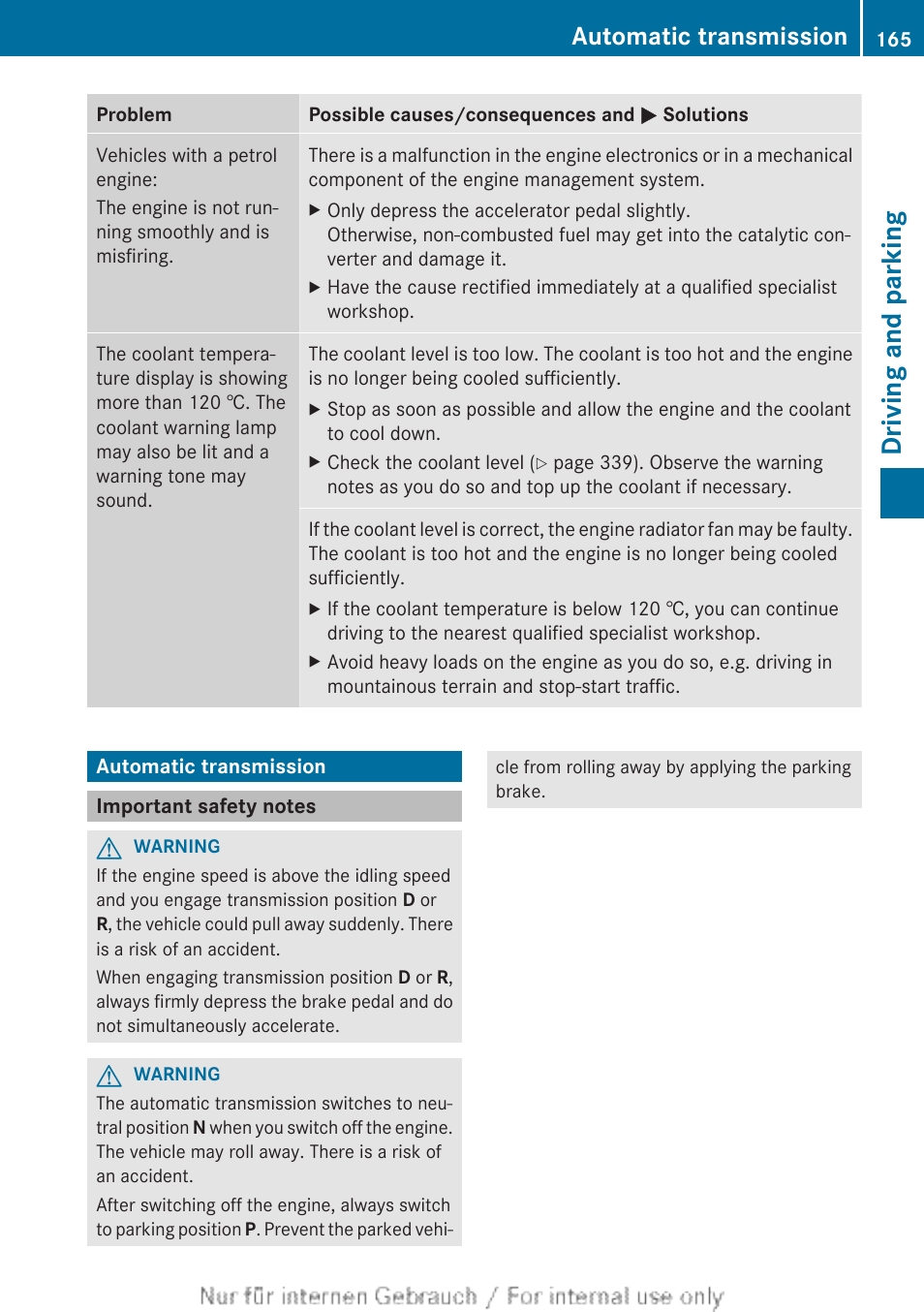 Automatic transmission, Important safety notes, Driving and parking | Mercedes-Benz 2013 GLS Class User Manual | Page 167 / 424