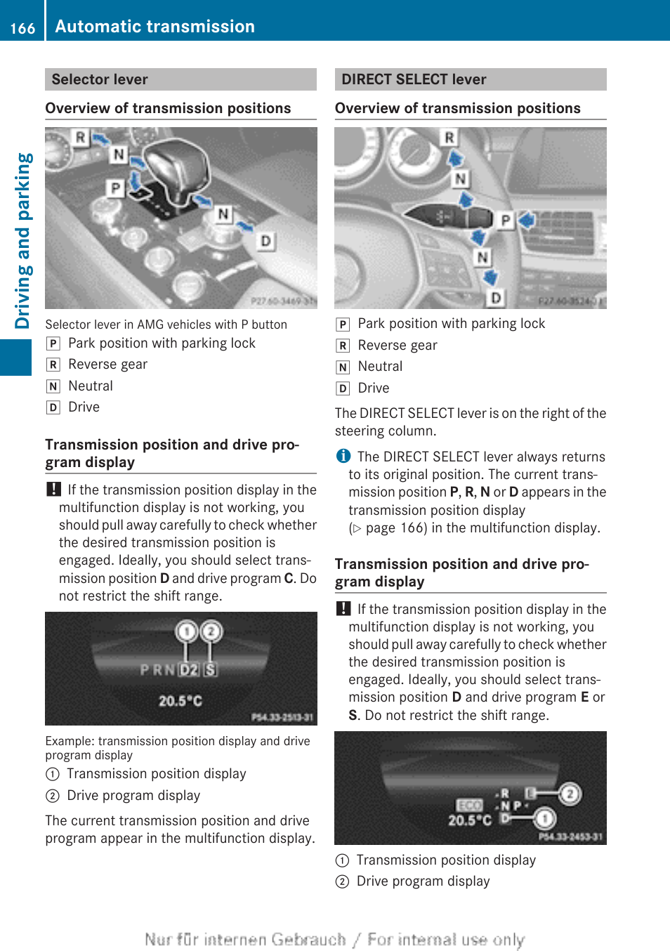 Selector lever, Direct select lever, Driving and parking | Automatic transmission | Mercedes-Benz 2013 GLS Class User Manual | Page 168 / 424