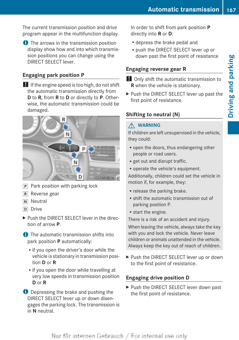 Driving and parking, Automatic transmission | Mercedes-Benz 2013 GLS Class User Manual | Page 169 / 424