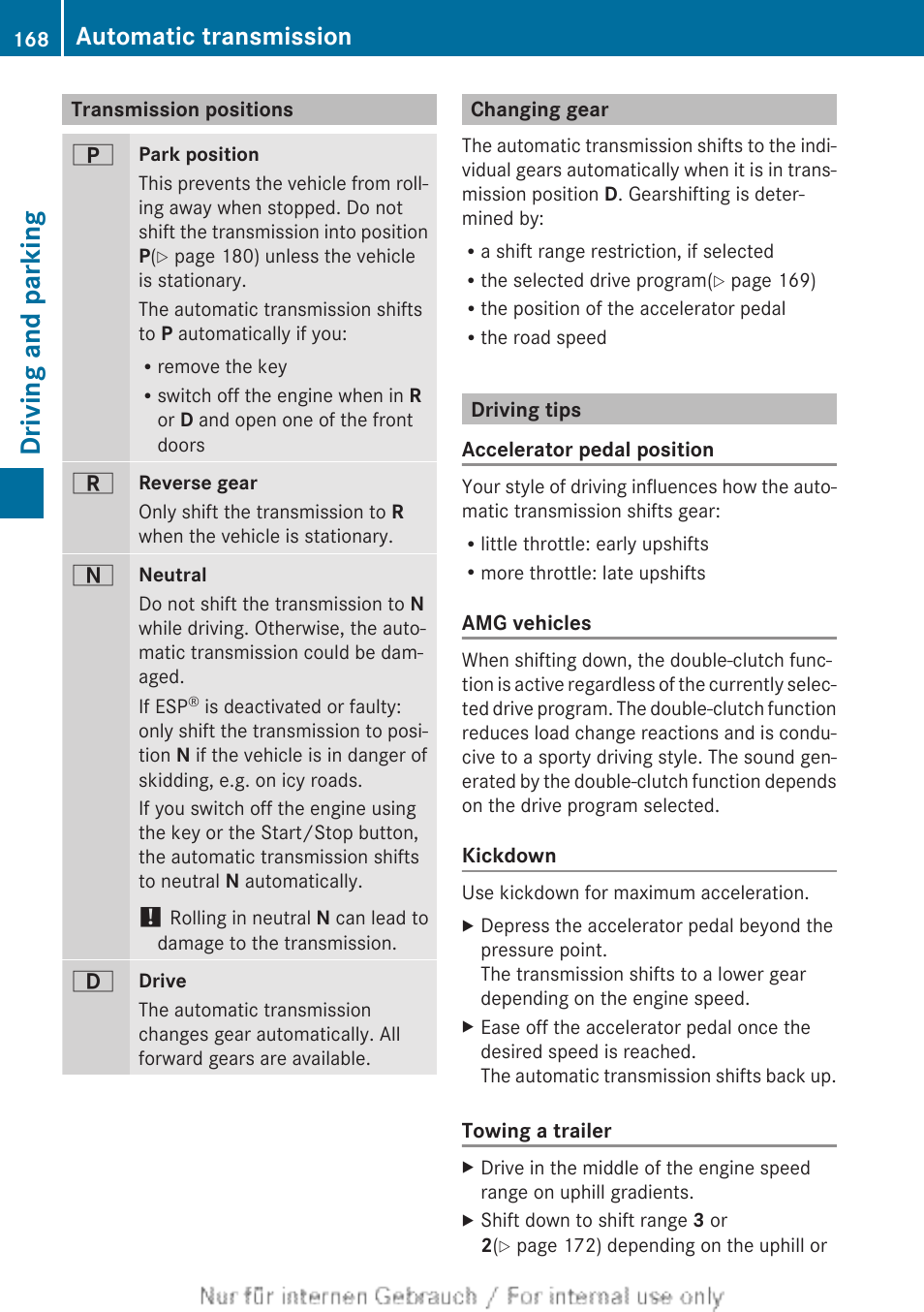 Transmission positions, Changing gear, Driving tips | Driving and parking, Automatic transmission | Mercedes-Benz 2013 GLS Class User Manual | Page 170 / 424