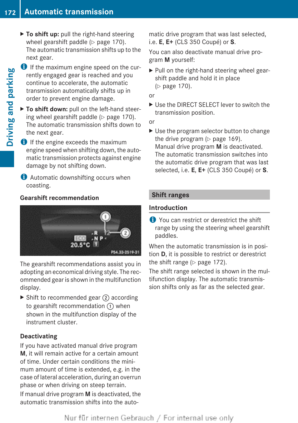 Shift ranges, Driving and parking, Automatic transmission | Mercedes-Benz 2013 GLS Class User Manual | Page 174 / 424