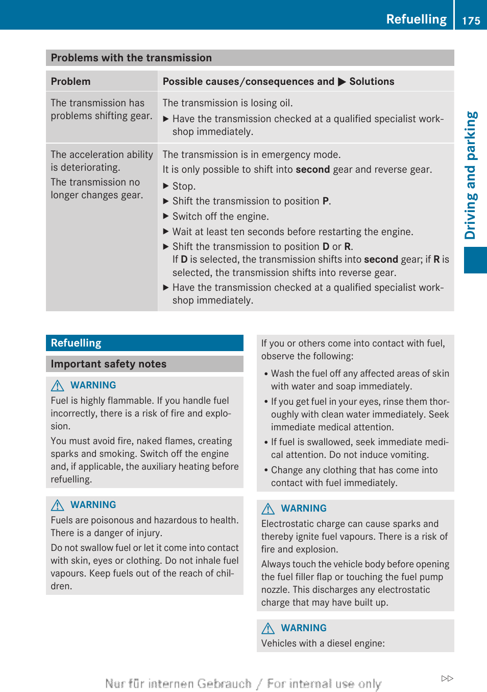 Problems with the transmission, Refuelling, Important safety notes | Driving and parking | Mercedes-Benz 2013 GLS Class User Manual | Page 177 / 424