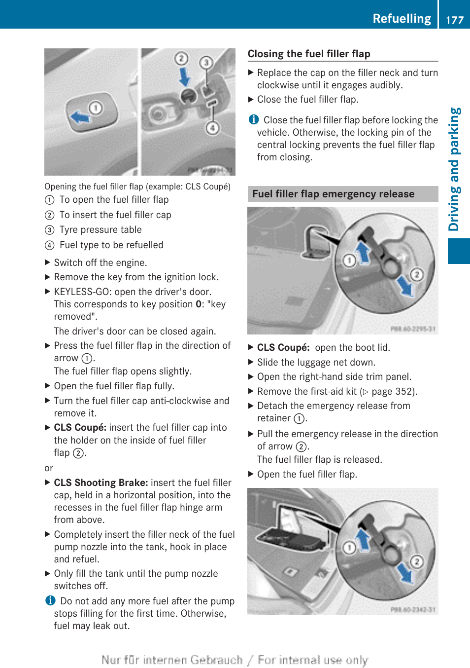 Fuel filler flap emergency release, Driving and parking, Refuelling | Mercedes-Benz 2013 GLS Class User Manual | Page 179 / 424