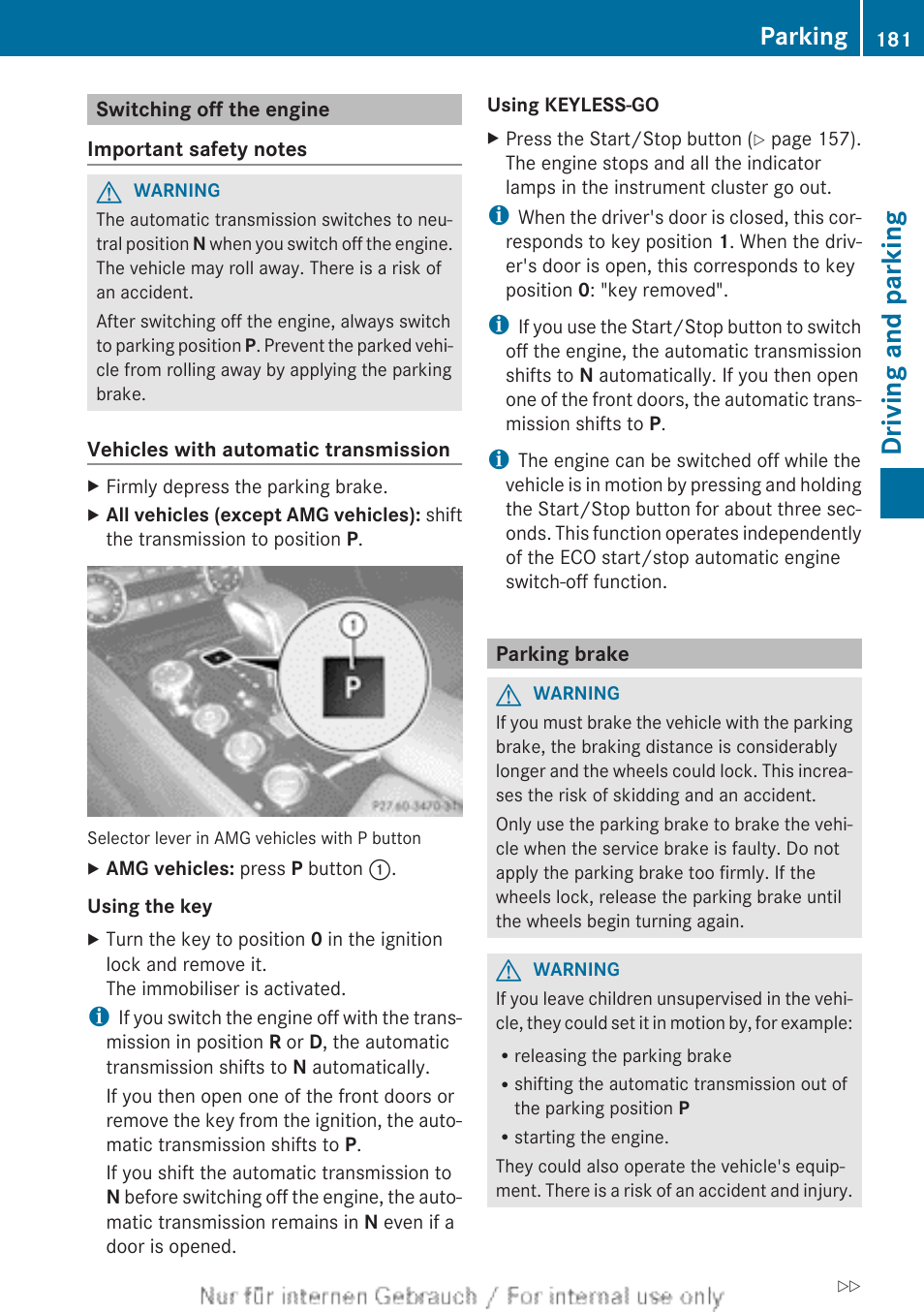 Switching off the engine, Parking brake, Release the parking brake | Driving and parking, Parking | Mercedes-Benz 2013 GLS Class User Manual | Page 183 / 424