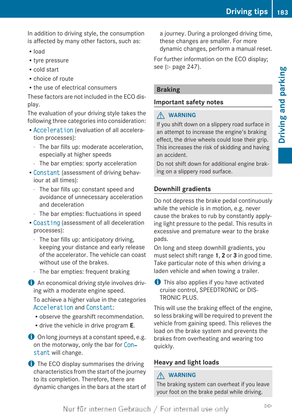 Braking, Driving and parking, Driving tips | Mercedes-Benz 2013 GLS Class User Manual | Page 185 / 424