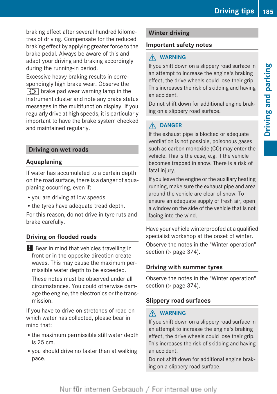 Driving on wet roads, Winter driving, Driving and parking | Driving tips | Mercedes-Benz 2013 GLS Class User Manual | Page 187 / 424