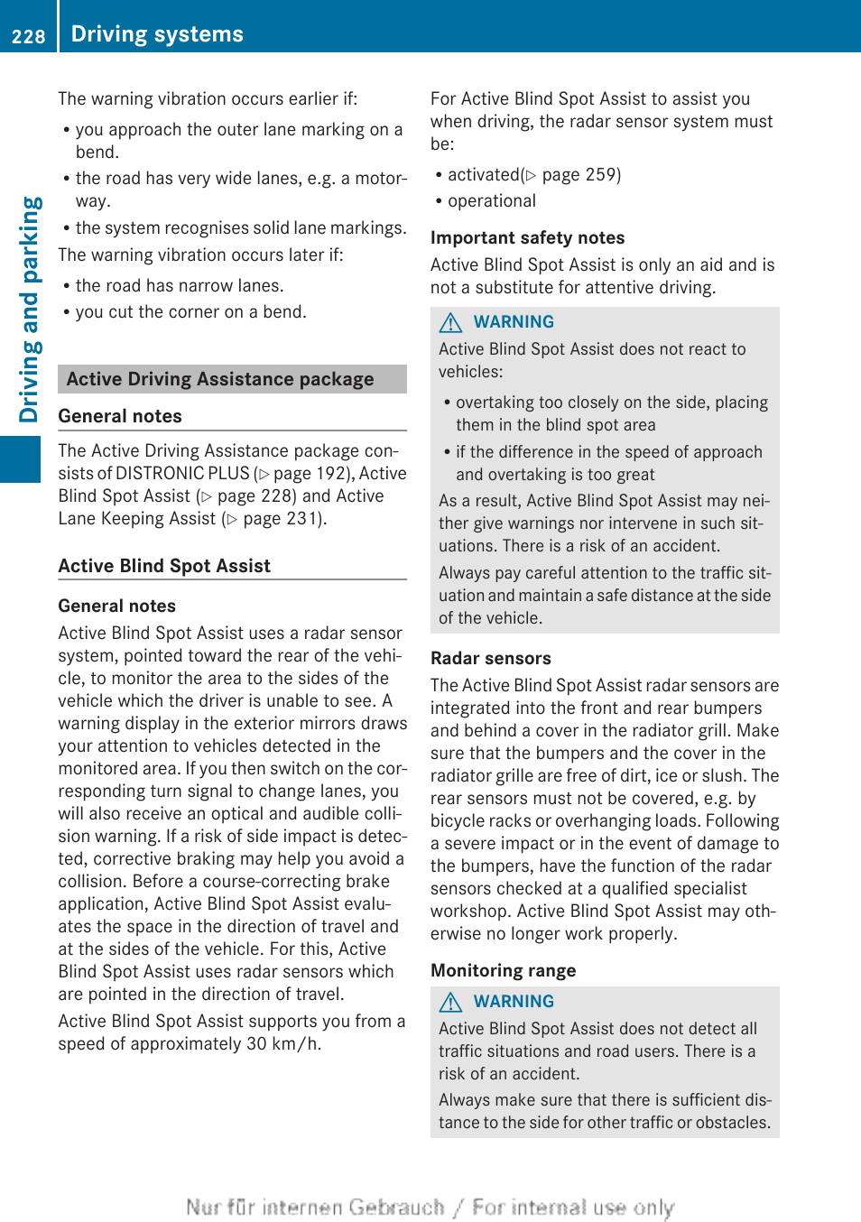 Active driving assistance package, Driving and parking, Driving systems | Mercedes-Benz 2013 GLS Class User Manual | Page 230 / 424