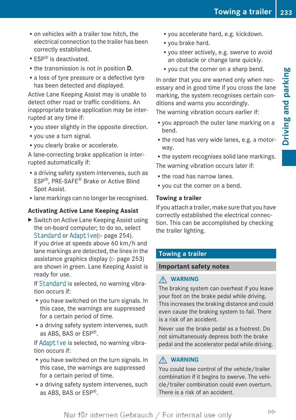 Towing a trailer, Important safety notes, Driving and parking | Mercedes-Benz 2013 GLS Class User Manual | Page 235 / 424