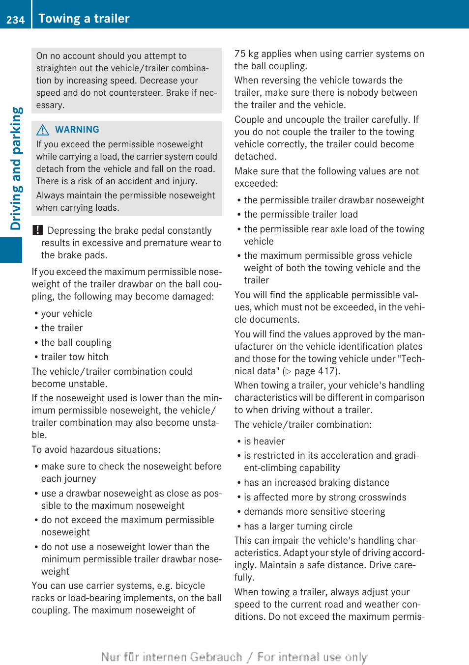 Driving and parking, Towing a trailer | Mercedes-Benz 2013 GLS Class User Manual | Page 236 / 424