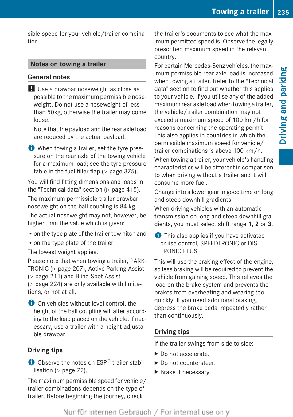 Notes on towing a trailer, Driving and parking, Towing a trailer | Mercedes-Benz 2013 GLS Class User Manual | Page 237 / 424