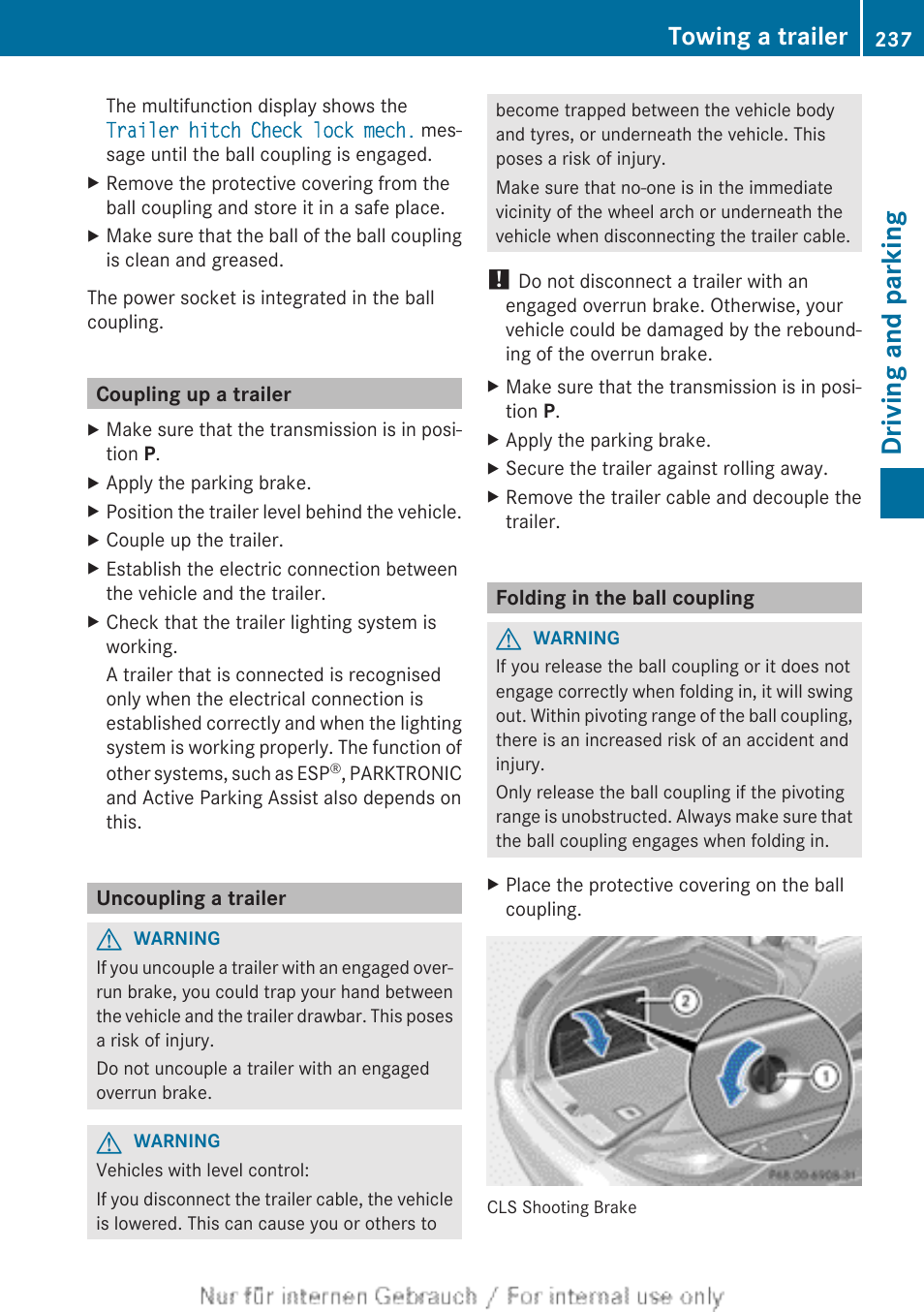 Coupling up a trailer, Uncoupling a trailer, Folding in the ball coupling | Driving and parking, Towing a trailer | Mercedes-Benz 2013 GLS Class User Manual | Page 239 / 424