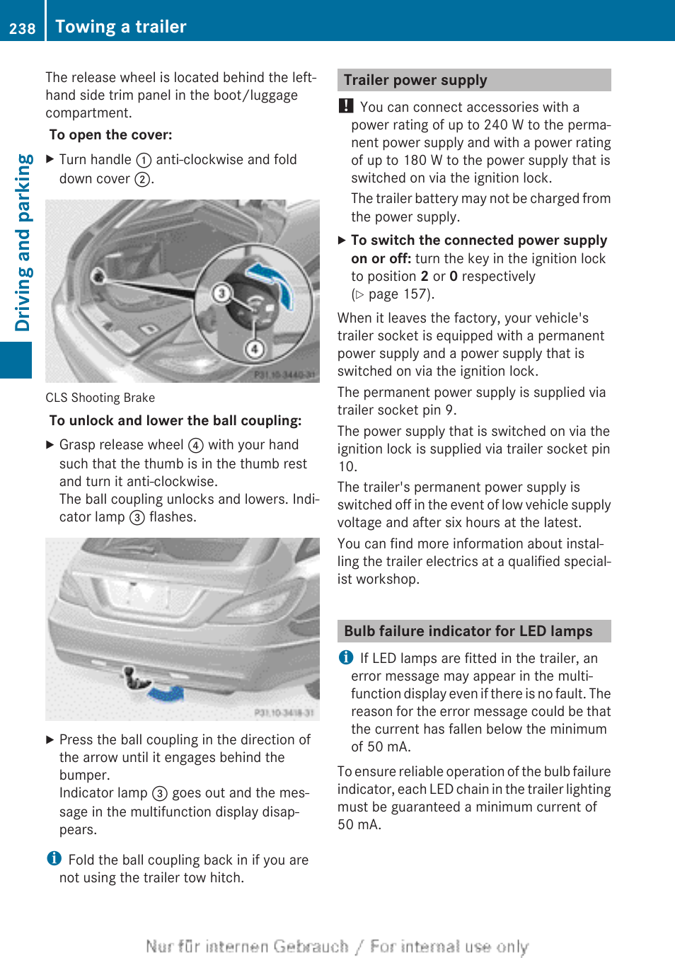 Trailer power supply, Bulb failure indicator for led lamps, Driving and parking | Towing a trailer | Mercedes-Benz 2013 GLS Class User Manual | Page 240 / 424