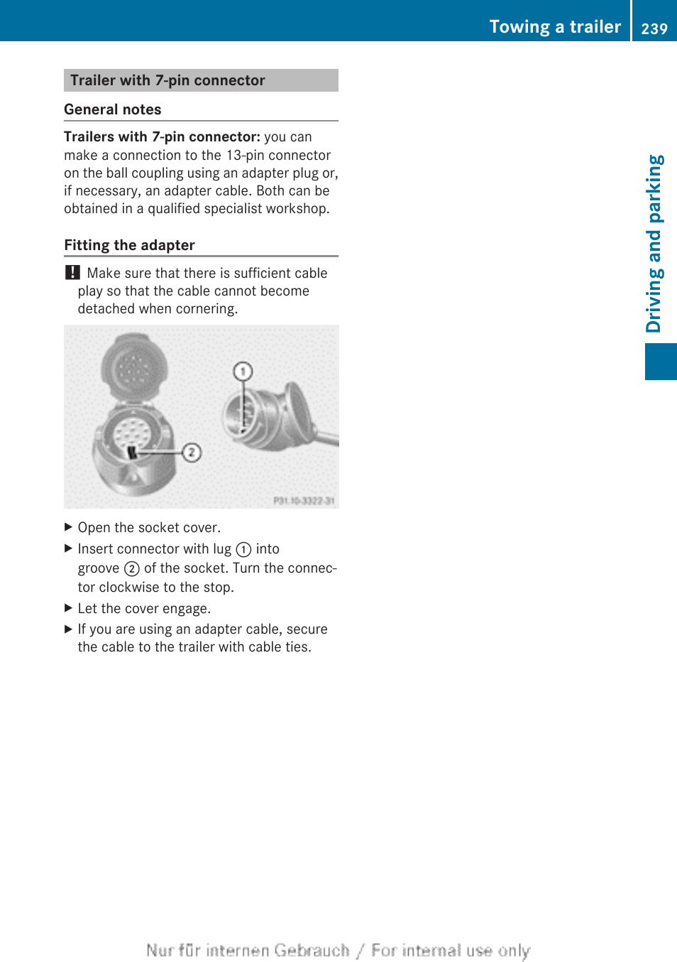 Trailer with 7-pin connector, Driving and parking, Towing a trailer | Mercedes-Benz 2013 GLS Class User Manual | Page 241 / 424