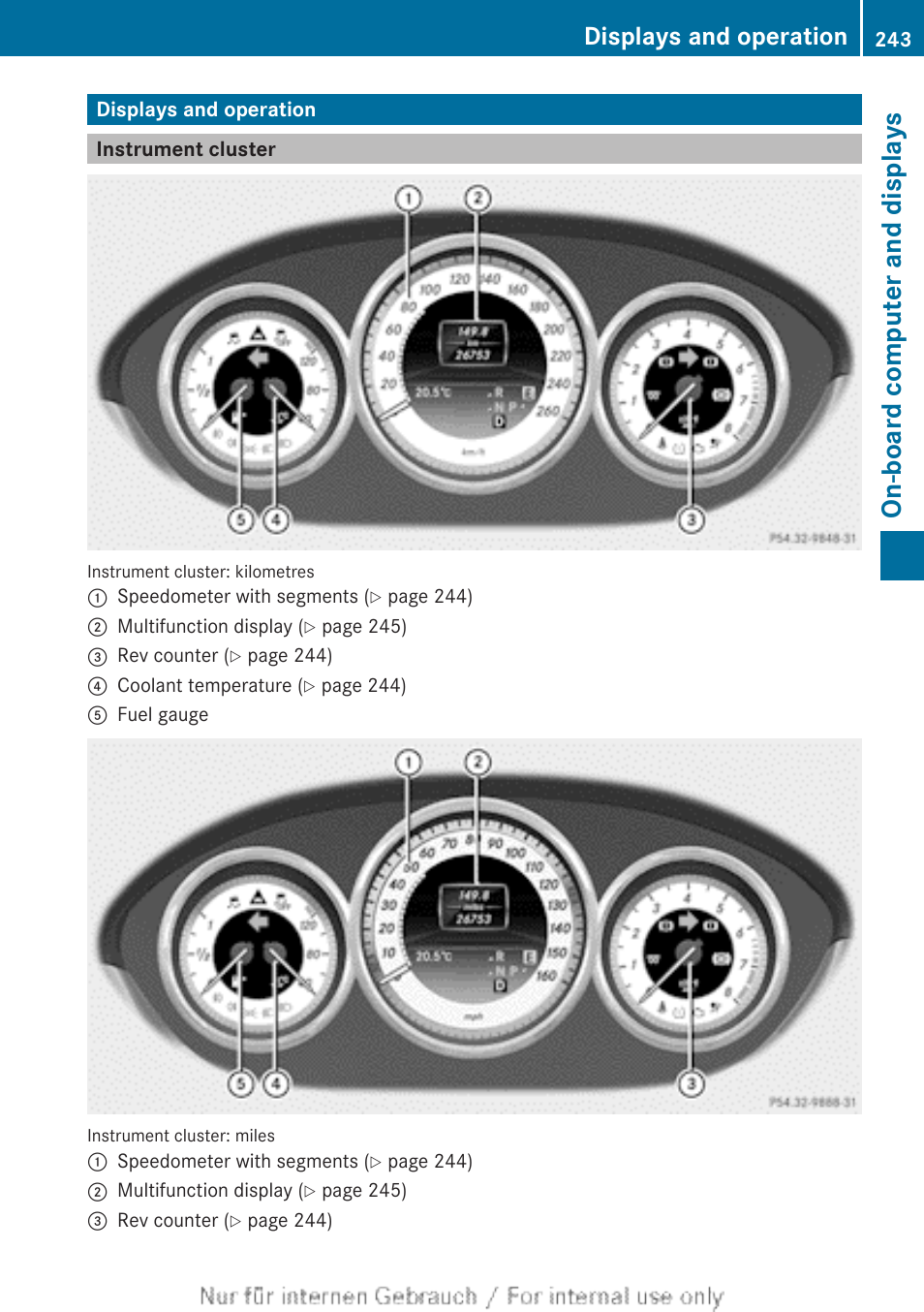 Displays and operation, Instrument cluster, On-board computer and displays | Mercedes-Benz 2013 GLS Class User Manual | Page 245 / 424