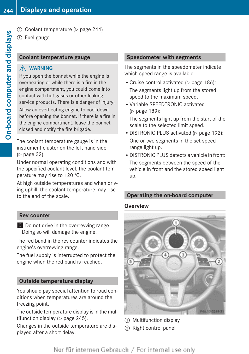 Coolant temperature gauge, Rev counter, Outside temperature display | Speedometer with segments, Operating the on-board computer, Coolant temperature, On-board computer and displays, Displays and operation | Mercedes-Benz 2013 GLS Class User Manual | Page 246 / 424