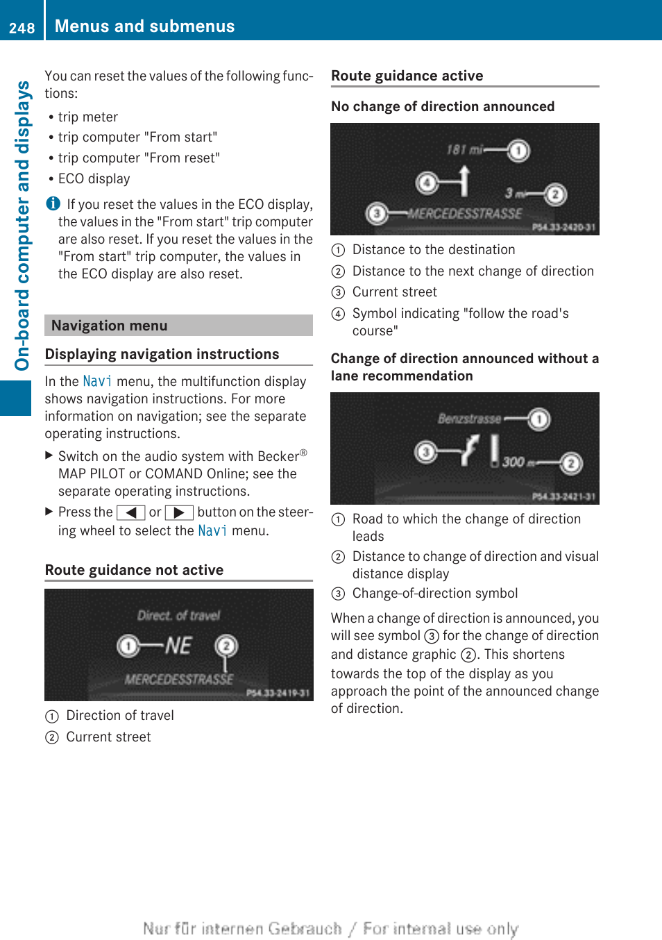 Navigation menu, On-board computer and displays, Menus and submenus | Mercedes-Benz 2013 GLS Class User Manual | Page 250 / 424