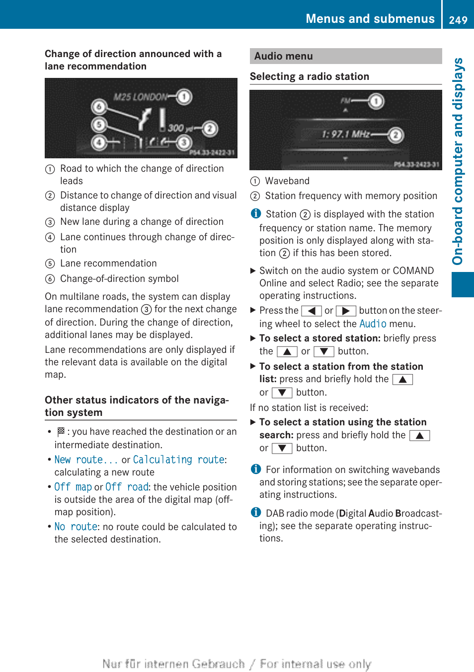 Audio menu, Menu, On-board computer and displays | Menus and submenus | Mercedes-Benz 2013 GLS Class User Manual | Page 251 / 424