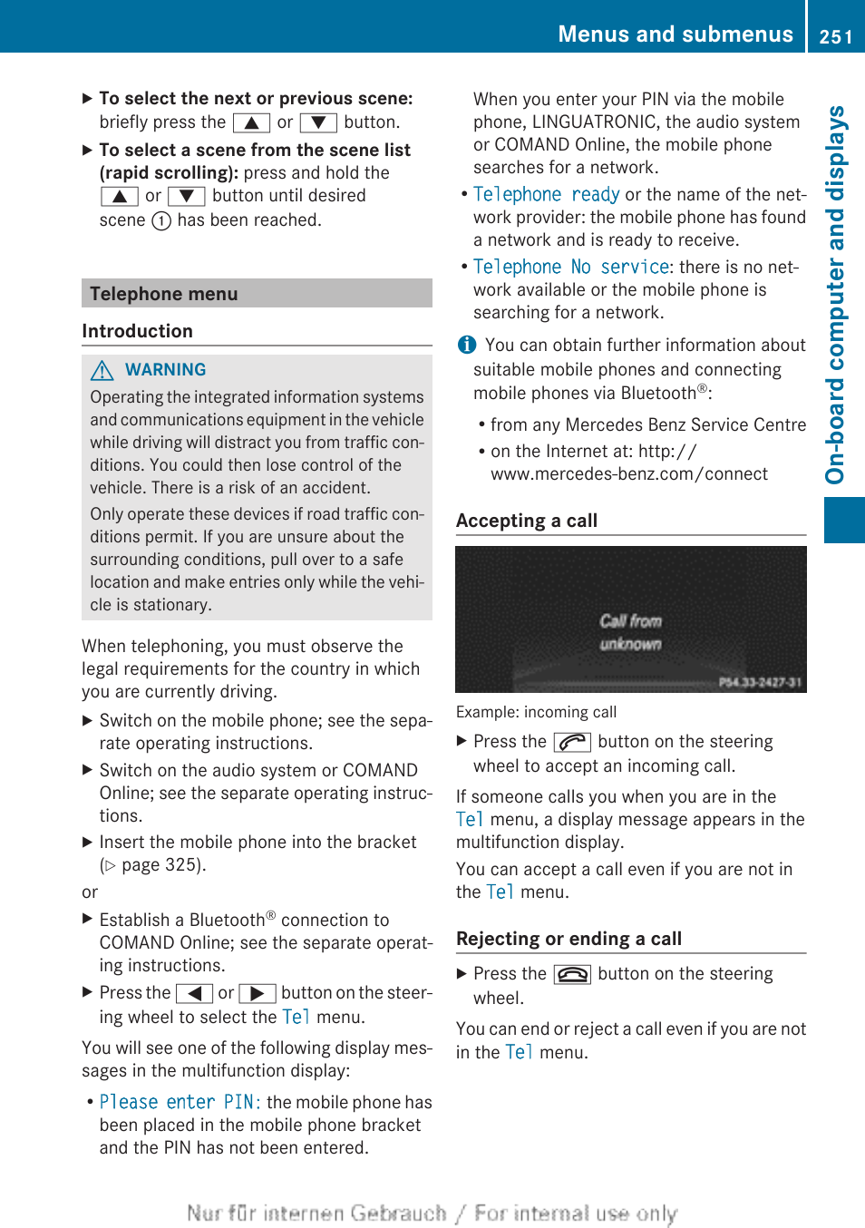 Telephone menu, Menu (telephone), On-board computer and displays | Menus and submenus | Mercedes-Benz 2013 GLS Class User Manual | Page 253 / 424